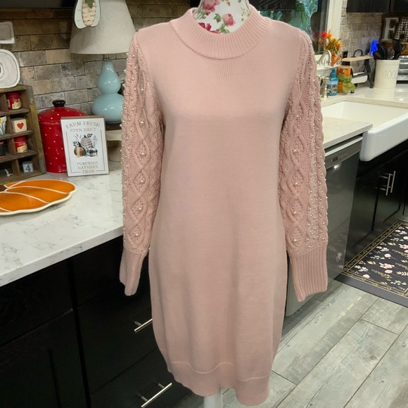 Eliza J Dresses & Skirts - Eliza J Faux Pearl Knit Sweater Dress Size Large Blush Pink Classic Preppy New